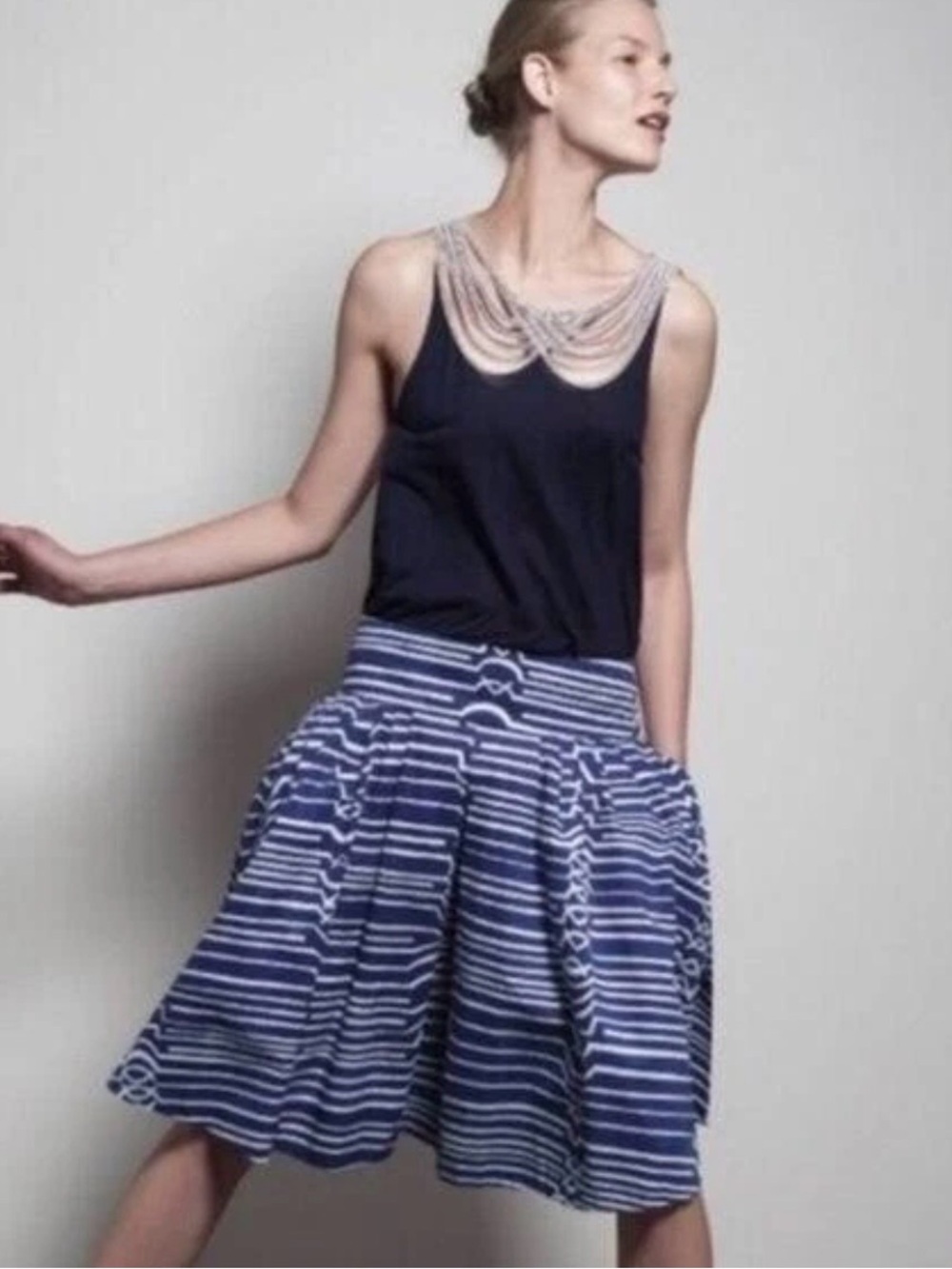 Anthropologie Navy and White Striped Full A-Line Skirt